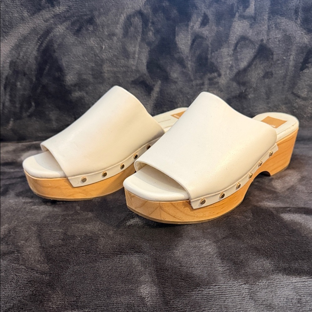Dolce Vita Cream Slide Clog Mules with Wood Platform